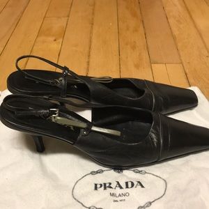 LK New PRADA Gray BOW Black Slingback Kitten Heels